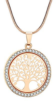 Long collier pour les femmes, collier de pendentif arbre de vie pour les filles collier en or rose et argent avec CZ chaîne en cristal collier (Plaqué or)