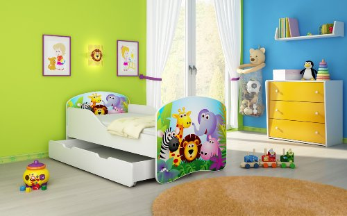 Kinderbett Jugendbett Komplett mit einer Schublade und Matratze Lattenrost Weiß ACMA I (180x80 cm + Bettkasten, 01 Zoo)
