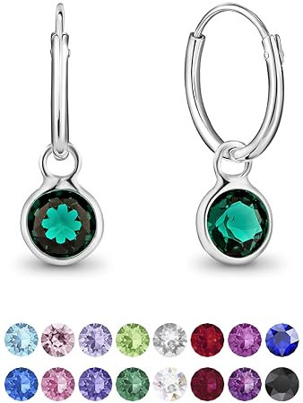 DTPsilver® KLEINE Creolen Ohrringe 925 Sterling Silber mit Swarovski® Elements Kristall Rund - Mädchen - Dicke 1.2 mm - Durchmesser 12 mm - Farbe : Smaragd