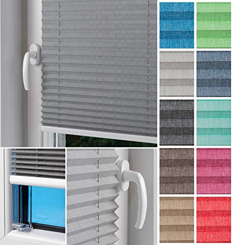 Home-Vision® Plissee Faltrollo ohne Bohren zum Kleben, Innenrahmen, Kollektion Melange Leinenoptik Blickdicht Sonnenschutz Jalousie für Fenster & Tür (Grau,B55cm x H100cm)