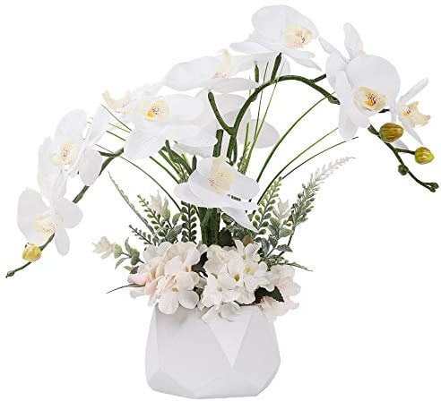 LESING Künstliche Ochideenblumen, künstliche Orchideen-Arrangement mit Vase, künstliche Bonsai-Topfblumen, Phalaenopsis, Orchidee in Vase für Heimdekoration (Stil 2, weiße Vase)