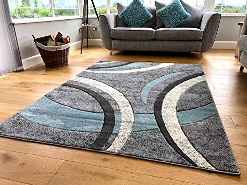 New Small Large Duck Egg Blue Silver Grey Ribbon Curve Design Area Rugs Mats (60x120cm)
