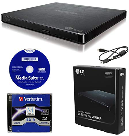 Produplicator LG BP60NB10 Portable 6X Ultra HD 4K Blu-ray Burner External Drive with CyberLink Software, 25GB M-DISC BD-R, and USB Cable - Burns CD DVD BD DL BDXL Discs