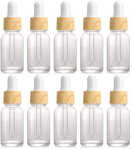 Alledomain 10Pcs, 10ml Clear Glass Bottles with Dropper Pipettes, Mini Empty Dropper Bottles Wood Grain Plastic Cap Refillable Sample Container for Essential Oil/Aromatherapy Blends/Chemical Liquid