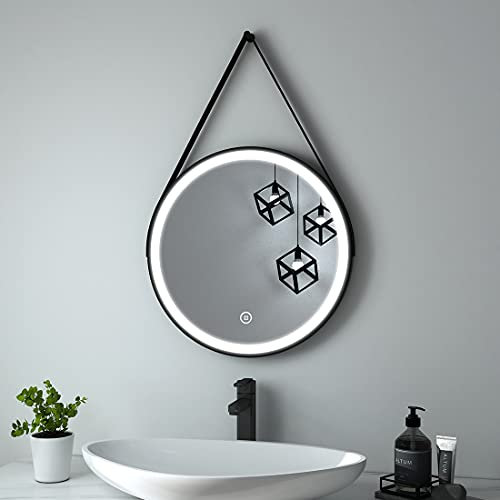 Heilmetz Miroir Salle de Bain Rond LED 80 cm Diamètre, Miroir Salle de Bain avec Interrupteur Tactile, Monture Noire et Bandoulière réglable