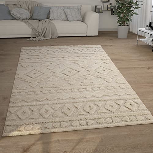 Paco Home Hochflor Teppich Wohnzimmer Shaggy 3D Optik Ethno Boho Vintage Look Weich, Grösse:160x220 cm, Farbe:Creme 6