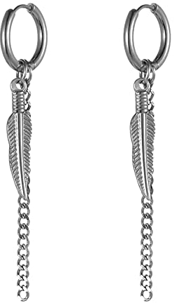 JewelryWe Schmuck Ohrringe Creolen mit Feder Blatt und lange Kette Anhänger Edelstahl Hängend Ohrhänger Huggie Ohrstecker Geschenke für Herren Damen Silber