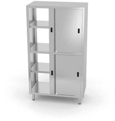 HENDI Armoire transformée, avec cloison et 8 portes coulissantes, 2 étagères amovibles (non réglables) et 2 étagères non amovibles (inférieures et moyennes), 1000 x 600 x 1800 mm, acier inoxydable