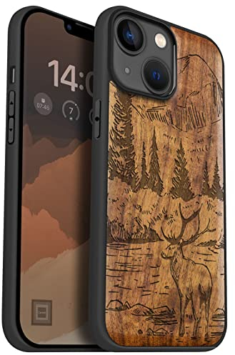 Carveit Handyhülle für iPhone 14 Holz Cover kompatibel MagSafe mit Massivholz für Apple 14 Stoßfeste Stoßstange Weich TPU hulle(Nussbaum-Berge und Hirsche)