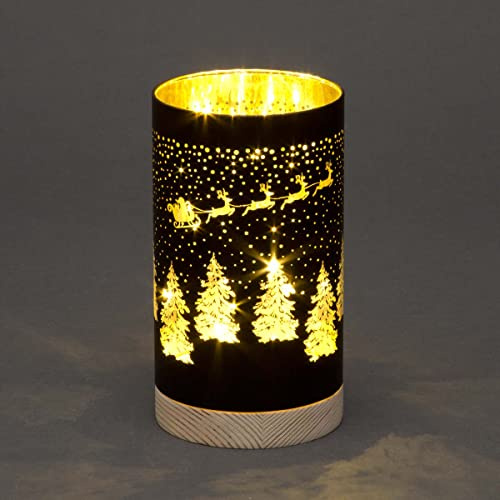 SHATCHI 23cm Christmas Decorated Vase Table Lamp Etched Glass Tube Santa Sleigh Scene Black Cylinder LED Fairy Lights Battery Operated