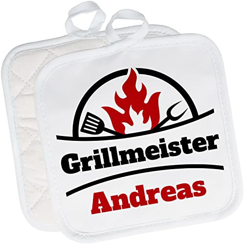 2er Set Topflappen personalisiert „Grillmeister Wunschname“ – Topf-Untersetzer mit Namen Ofenhandschuh Kochen – kleine Geschenke für Frauen & Männer zu Weihnachten, Geburtstag, Muttertag (Weiß)