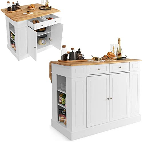 COSTWAY Drop-Leaf Kitchen Island, Storage Sideboard Cabinet with Extendable Rubber Wood Top, Drawers, Adjustable Side Racks & Shelves, Home Dining Room Cupboard Organiser, 120x90x92cm (White)