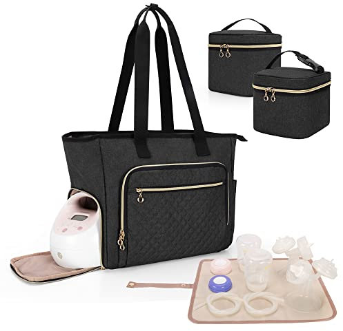 Luxja Breast Pump Bag (with a Breastmilk Cooler Bag, a Small Carrying Case and a Waterproof Mat) Compatible with Spectra S1 and S2, Pumping Bag for Breast Pump and Extra Parts, Black