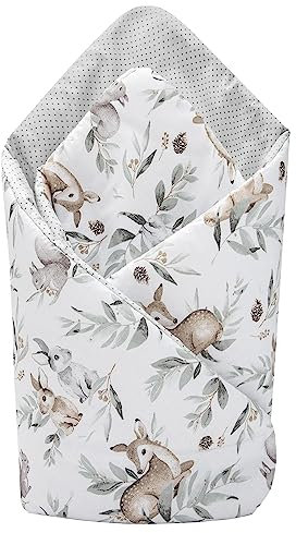 Medi Partners Steckkissen 100% Baumwolle 75x75cm Einschlagdecke Babyhörnchen doppelseitig weich ganzjährig multifunktional antiallergisch Babys (Hirsch in Blättern)