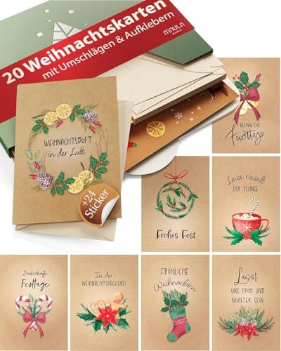 Weihnachtskarten mit Umschlag Set - 20 Karten Weihnachten Set - A6 Christmas Cards - Weihnachtskarte Postkarten -Weihnachtsgrußkarten Set - Weihnachtspostkarten Set für Weihnachten - Set Klein