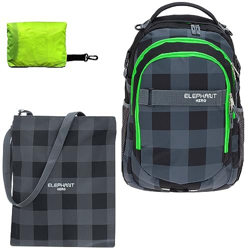 Schulrucksack Jungen Mädchen ab 3. Klasse Schule Tasche Brustgurt Schultasche Rucksack mit Sportbeutel Attach Bag und Regenhülle Premium 3 Teile Set Auswahl rtp (Plaid Schwarz Grün 12609)