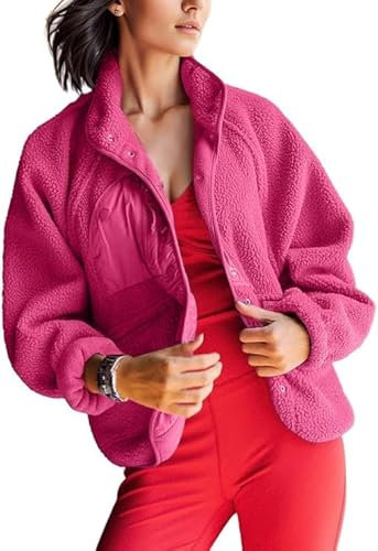 AMEBELLE Damen Cropped Fuzzy Fleece Jacke Leicht Gefüttert Winter Casual Warm Sherpa Jacke Mantel Oberbekleidung mit Taschen, Pink, XL