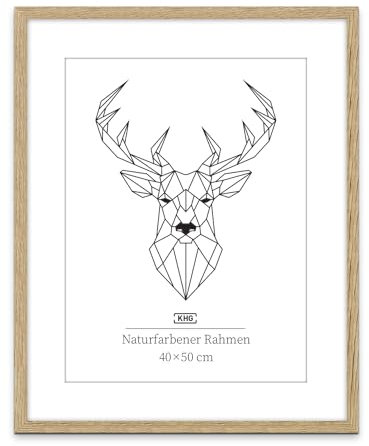 KHG Bilderrahmen aus MDF-Holz mit stabilem Glas und Passepartout, zum Aufhängen oder Hinstellen, Ideal für Portraits, Urkunden, Poster - Eiche, 40x50 cm