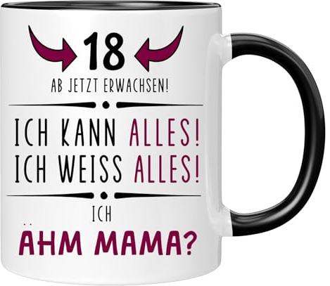 Tasse mit Spruch zum 18 Geburtstag, Ab jetzt erwachsen!, lustiges Geschenk, Geburtstagsgeschenk | 18. geburtstag mädchen |tasse zum 18 geburtstag (Weinrot)