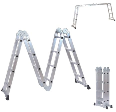 TOPWAY Aluminium Multi-Purpose Combination Ladder 4.7M Foldable Step Ladder 150kg Capacity 16 Runges for Outdoor Indoor Construction Sites (4 x 4 Steps)