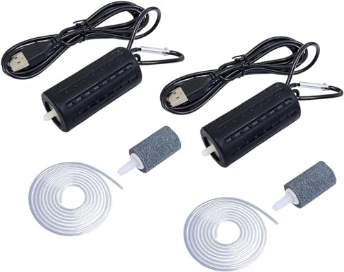 2 Stück Aquarium Luftpumpe Super Silent Mini USB Fisch Tank Sauerstoff Luftpumpe Luftbelüfter Pumpe Energiesparend Sauerstoff Bubbler mit Luftstein und Einzelauslass Silikonschlauch 1W