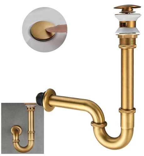 SET - Design Siphon mit Ablaufgarnitur mit Überlauf KEOKBON Siphon 1 1/4 x 32 mm Pop Up Ventil Ablaufgarnitur für Waschbecken und Waschtisch, Edelstahl Röhrensiphon Geruchsverschluss Antike Messing