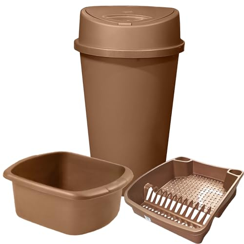 Rose Gold Kitchen Bin Set - 45L Kitchen Bin 14L Rectangle Washing Up Bowl and Large Dish Drainer