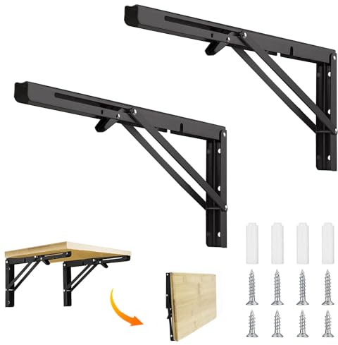 Gentpovth 2 Piezas 400mm Escuadras Abatibles, negro Soporte Estantería Plegable, Soporte Estantería Plegable Metal con Tornillossado, Soportes Estanterías Escuadras Metálicas Carga