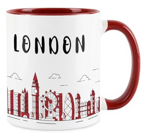 London Skyline Mug - Iconic London Souvenir Gift for City Lovers - Tea/Coffee Ceramic Red & White Cup Present