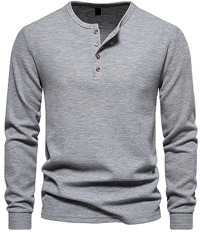 Men's Henley Long Sleeve Waffle Knit Casual Shirts - Quick Dry, Lightweight, Button Golf & Summer Tops - Classic, Flexible, Relaxed Fit - Tracksuit Material - Outdoor, Hiking Tops in Lots of Colors