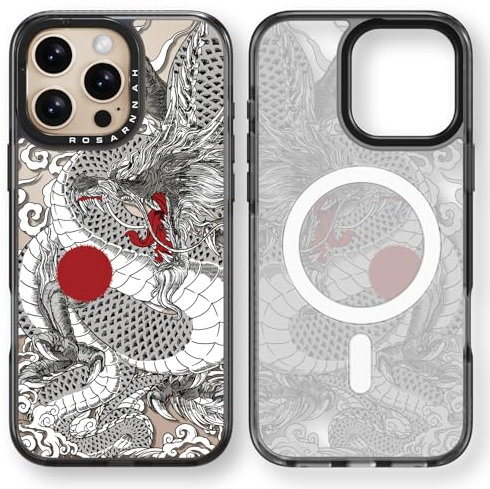 Rosarnnah Kompatibel mit iPhone 16 Pro Max Hülle für Magsafe – Chinesischer Drache Schwarz Cover Design – niedliche Ästhetik Handyhülle für iPhone 16 Pro Max 6.9