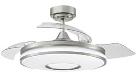 Ventilador Dani 72W en níquel, 7200 lm, 3 aspas retráctiles y 6 velocidades. Luz ajustable 3000-4000-6000K, control remoto y temporizador 24h. Perfecto para cualquier espacio.