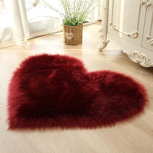 champracer Teppich Flauschig Herzform Teppich 40/50cm Kunstfell Schlafzimmer Teppich Wohnzimmer Teppich Warm Teppich Weich Moderner Stil Dekofell Sofa (Burgunderrot,50 * 65cm)