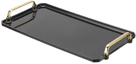 PATIKIL 16.1 x 8.7 Inches Plastic Serving Tray with Golden Handles, Reusable Tray Rectangular Party Platters for Dessert Coffee Tea Table, Living Room Kitchen Countertop, Black