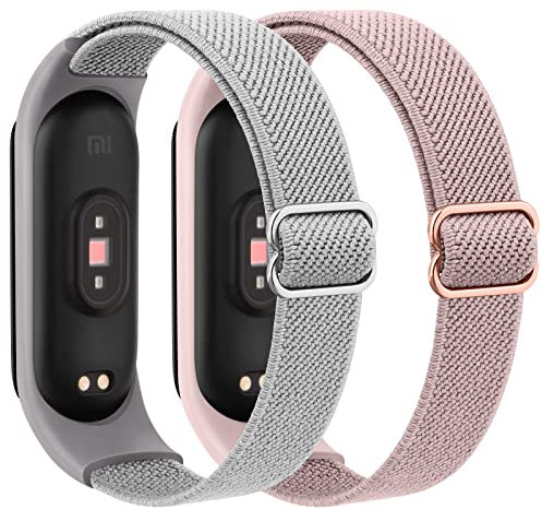Amzpas 2PACK Armbands für Xiaomi Mi Band 7 Armband Damen Herren,Nylon Elastisch Sport Ersatzarmband Uhrenarmband für Xiaomi Mi Band 6/Mi Band 5/Mi Band 4/Mi Band 3/Amzfit band 5 (Rosa/Grau)