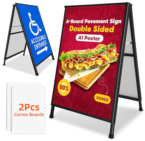 VAIIGO A1 Pavement Sign A-Board - A Frame Double Sided Pavement Board Poster Holder Display Stand With 2 Anti-Glare Covers and Corrugated Boards for Business, Restaurant, Outdoor Advertising Board