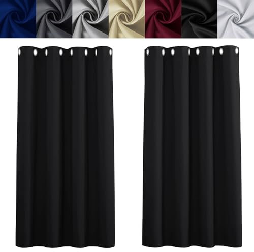 LIUNADM Vorhänge Blickdicht 225 x 230 cm mit Ösen Blickdicht Polyester Gardinen Kurz Schlaufenschal Modern Und Langlebig 2Er Set für Schlafzimmer Wohnzimmer, Schwarz