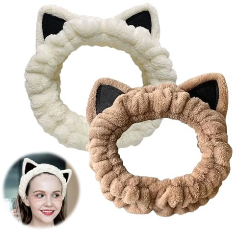 2 Stück Haarband Kosmetik,Abschmink Haarband Schminken,Multifunktional haarband,Generic Damen Plush Katzenohren Schmink Band,Spa Stirnband,Kosmetisches Stirnband Für Frauen Die Sich Abschminken Wollen