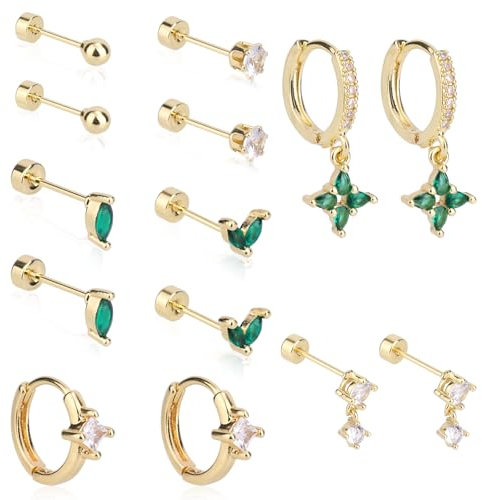 Set di 7 Paia di Orecchini e Borchie con Retro Piatto in Oro, Orecchini con Borchie con Retro Piatto Placcati in Oro Orecchini con Retro Piatto in Zirconia Cubica Orecchini Gioielli per Donna