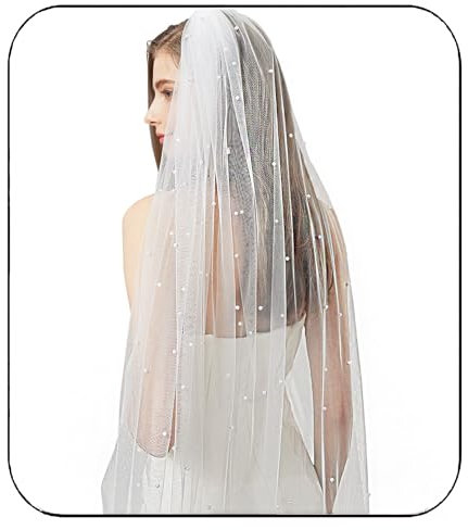 VULGBUNEE Perlen-Hochzeitsschleier für Bräute, 1-stöckiger Schleier für Frauen, Hochzeit, Brautschleier mit Metallkamm, 230 cm, 241,3 cm, elfenbeinfarben, 90 Inches