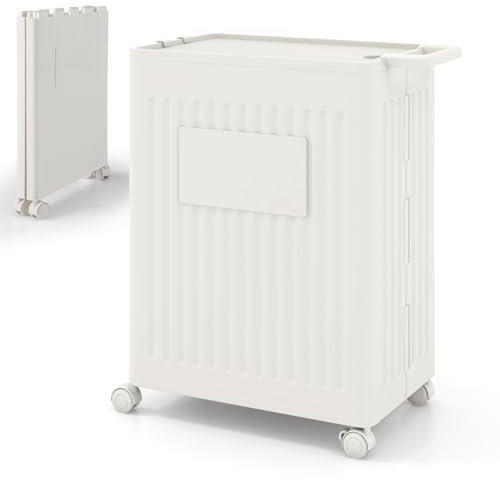 GYMAX Yoga Mat Storage Basket, Rolling Laundry Hamper with 2 Hooks and Lockable Wheels, Removable Lid, Handle, Collapsible Storage Box for Home Gym, Bathroom, Bedroom & Living Room