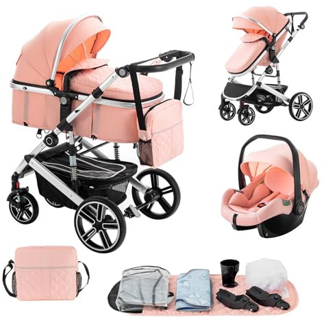 Lnhcrbs Passeggino 3 in 1, Telaio del Passeggino Leggero in Alluminio, le Ruote Sono in Pu,Passeggino da Viaggio, Copertura Antipioggia, Zanzariera, Adatto per 0-48 Mesi, 22Kg, Rosa