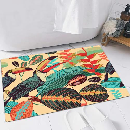 FSDGY Badvorleger Fußmatte Flauschig Teppich Badezimmerteppich Duschmatte für Bade & Wohnzimmer Schlafzimmer,Vögel, Tukane, Hintergrund, Von, Tropische, Blätter, Und, Flowers., Blumenmuster,60x90 cm