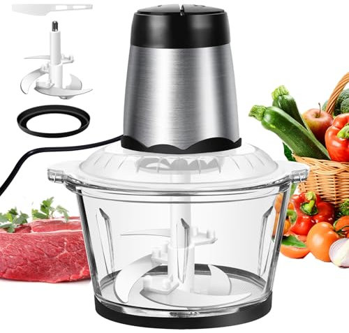 300W Mini Chopper with 4 bi-Level Blades, 2L Glass Bowl, 2 Speed Settings, Electric Mini Food Processor, Meat Grinder for Meat Vegetable Fruit [Energy Class A], Easy to Clean