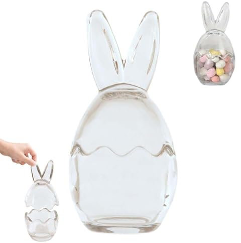 Mini Egg Jar, Easter Bunny Ears Glass Storage Jars, Glass Egg Cup Clear Container, Easter Decorations Table Small Candy Holder, with Removable Lids, Home Decor for Candy, Treats, Pantry Organisation(1
