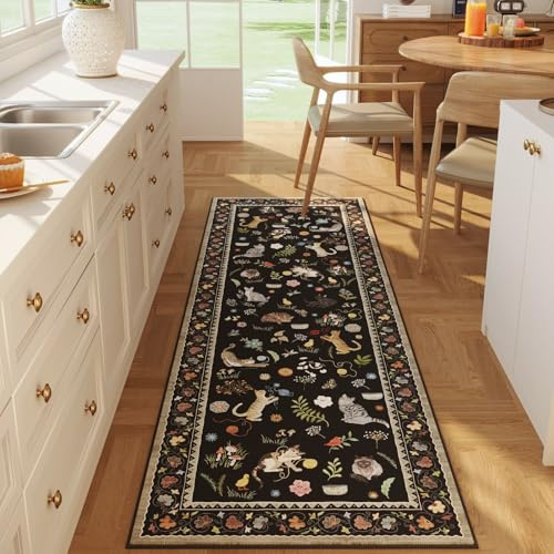 Rugcomf Läufer-Teppich für die Küche, rutschfest, 76 x 244 cm, waschbare Teppiche mit Gummi-Rückseite, weicher Blumen-Tier-Katzen-Teppich-Läufer für Küche, Waschküche, Schlafzimmer, Badezimmer