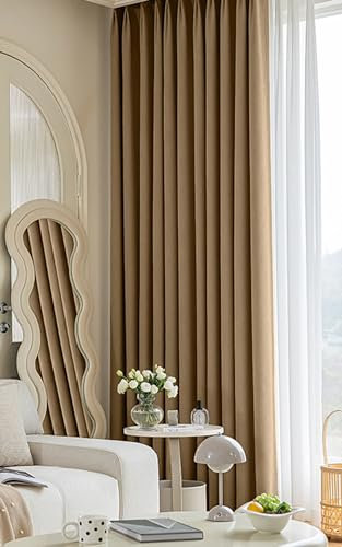 Epinki 2er Pack Gardinen Vorhang Deko, Vorhänge Blickdicht Jungs Einfarbig Vorhang für Fenster aus Chenille Haken Wohnzimmer Dekoschal für Schlafzimmer Khaki H274 x B137 cm