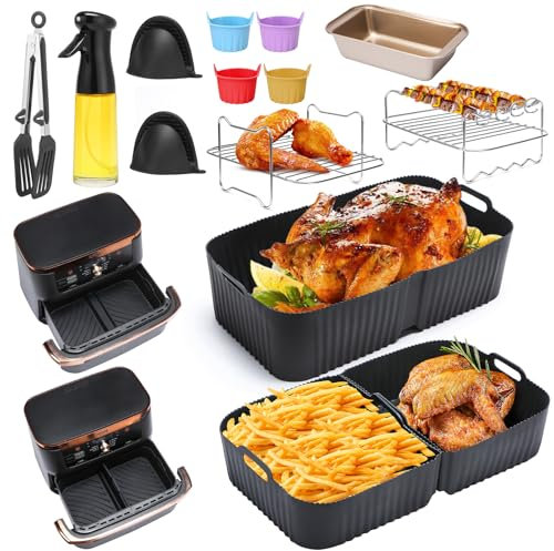 ENSINE Airfryer Zubehör für COSORI Dual Blaze TwinFry 10L,Heißluftfritteuse Zubehör für Ninja Foodi FlexDrawer 10,4L AF500EU,Inkl. Silikonform, Grillrost, Ölsprühflasche,Bürste, Handschuhe