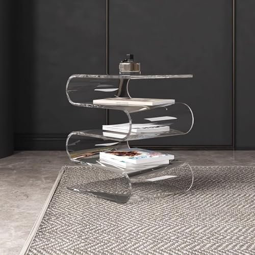 KEJIAWU S-förmiger Acryl-Beistelltisch mit 5 Ebenen, Mehrzweck-Couchtisch mit Zeitschriftenregal, for Wohnzimmer, Schlafzimmer, Büro oder Terrasse, ohne Montage erforderlich(Clear)