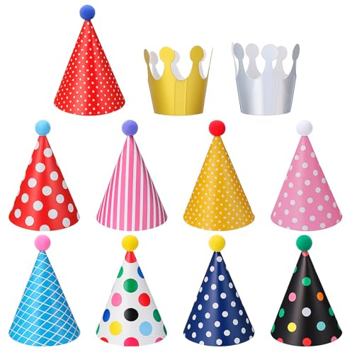 ADLABLD 11Pcs Macaron Birthday Party Hats with Pom Poms, Birthday Cone Hats Party Hat Crown Caps for Adults, Pastel Themed Paper Hat Toddler Parties Celebration for Colorful Girls Boys Photo Props